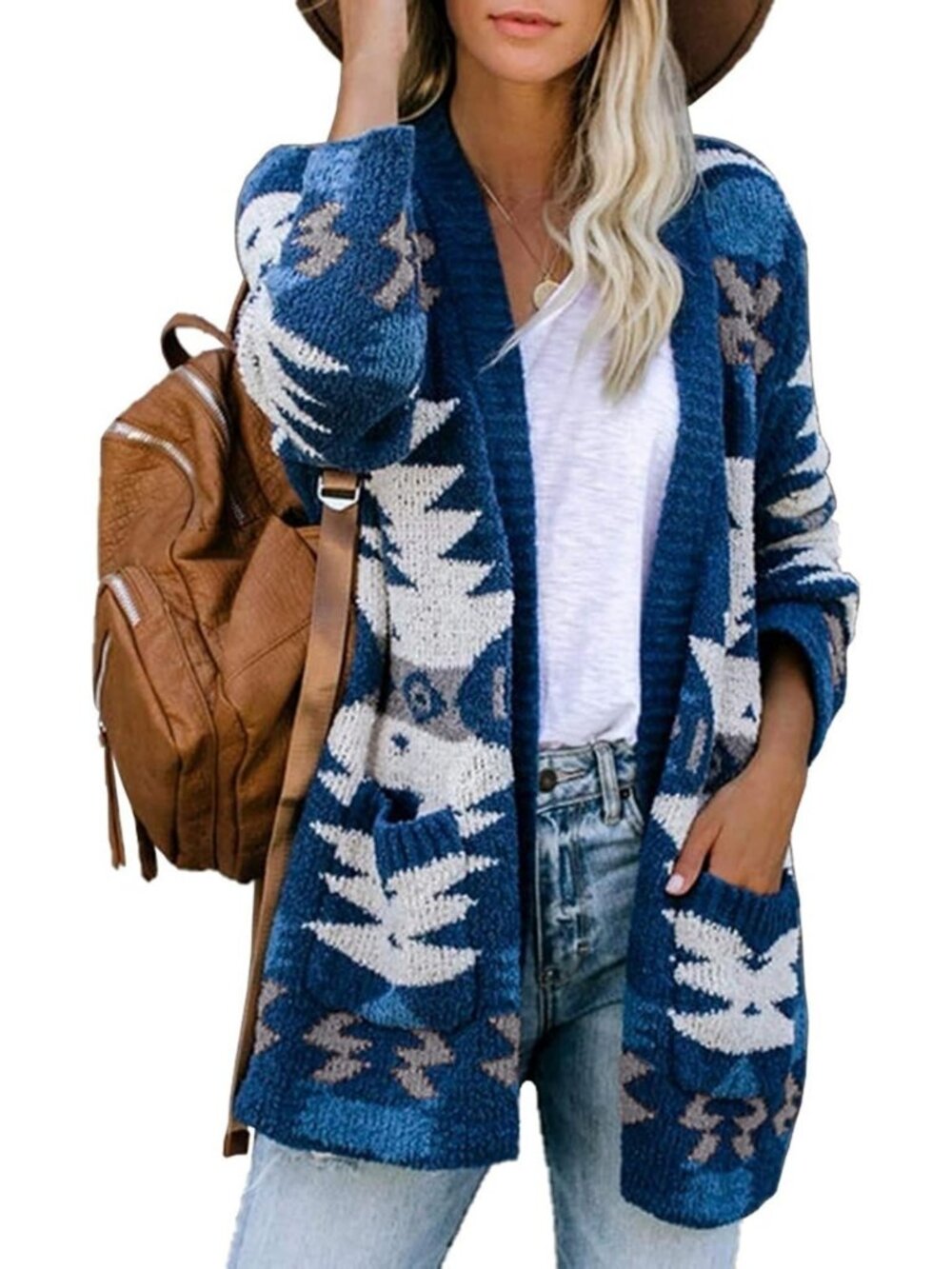 Boho Aztec Open Front Cardigan - Loose Slouchy Long Sleeve Knitted Sweater Coat